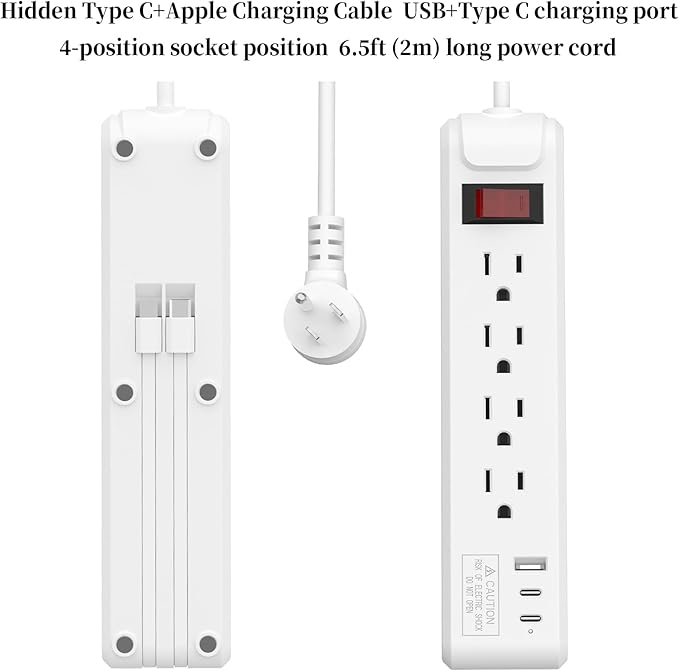 4-Outlet 6.5Ft Long Cord 2500W Power Strip Build-in Charging Cable and2 Type C (PD 23W) & USB (QC 3.0 5V3A) Fast Charging Ports (White)