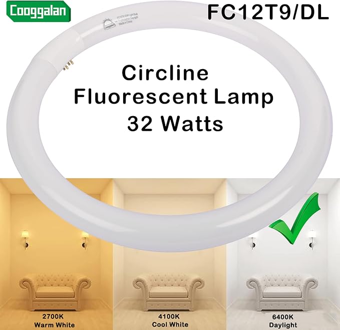 FC12T9/DX 32W 12 inch T9 Circular Light Bulb Daylight, Round Fluorescent Circline Bulbs FC12 T9 32 Watts Kitchen and Bath, G10q 4 Pin Prong, 6500K, 2 Pack