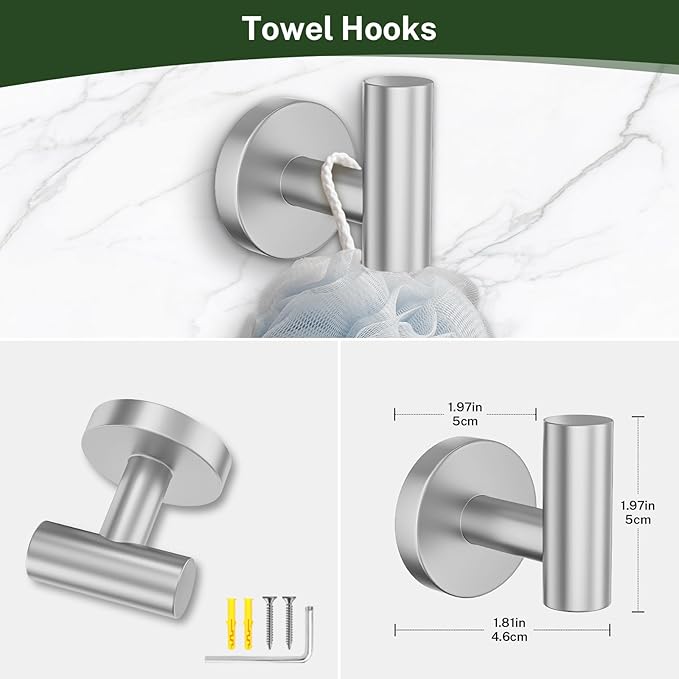 Brushed Nickel Bathroom Hardware Set,4-Piece Bathroom Accessories Set Include Towel Ring,Toilet Paper Holder and 2 Towel Hooks,Stainless Steel Wall-Mounted