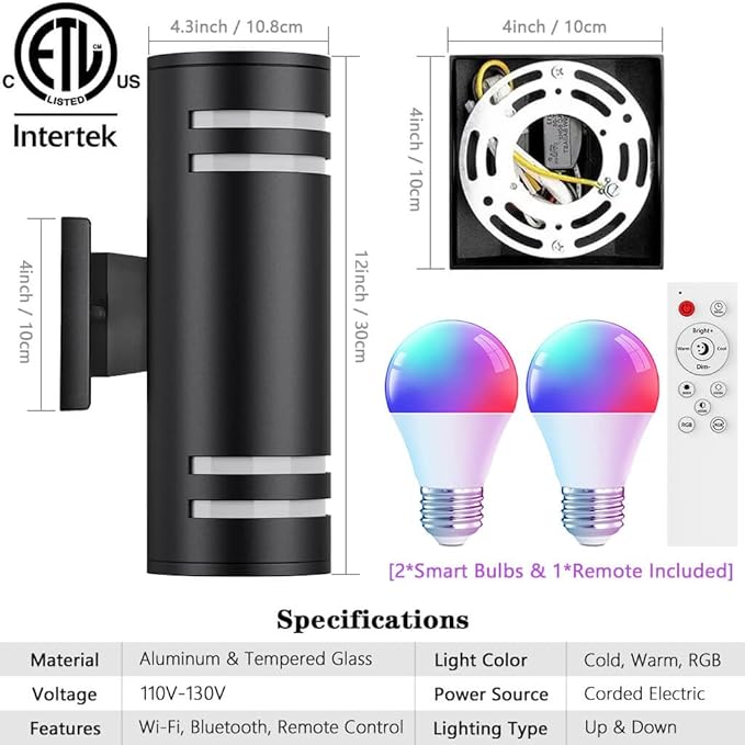 KIZON Smart Outdoor Wall Light, Modern RGBCW Sconce Color Changing, Dimmable Up and Down Lights Black Outdoor Light Fixture App Control with Remote Compatible with Alexa Google Assistant, ETL Listed