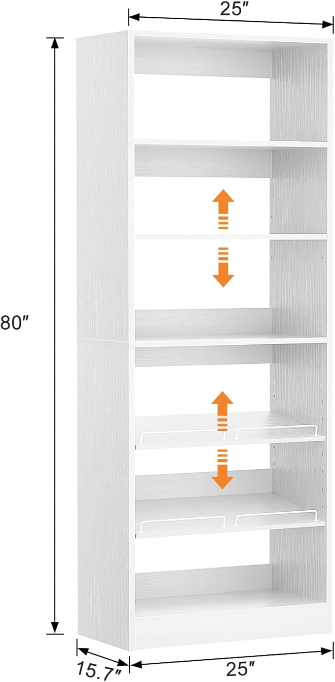 Unikito 25” Closet Organizer System, Freestanding Shoe Storage Shelves, Standalone Wood Shoe Rack, Heavy Duty Walk in Closet Tower for Bedroom, Mudroom and Entryway, 25" W x 16" D x 80" H, White