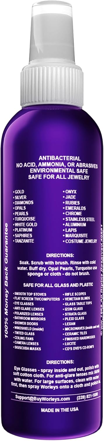 Worley's Wonder Jewelry & Glass Cleaner (8 Ounce Spray Bottle) - Jewelry Cleaner Spray for Gold, Silver, Diamonds, Gemstones, Glass, Marble, Electronics (Pack of 1)