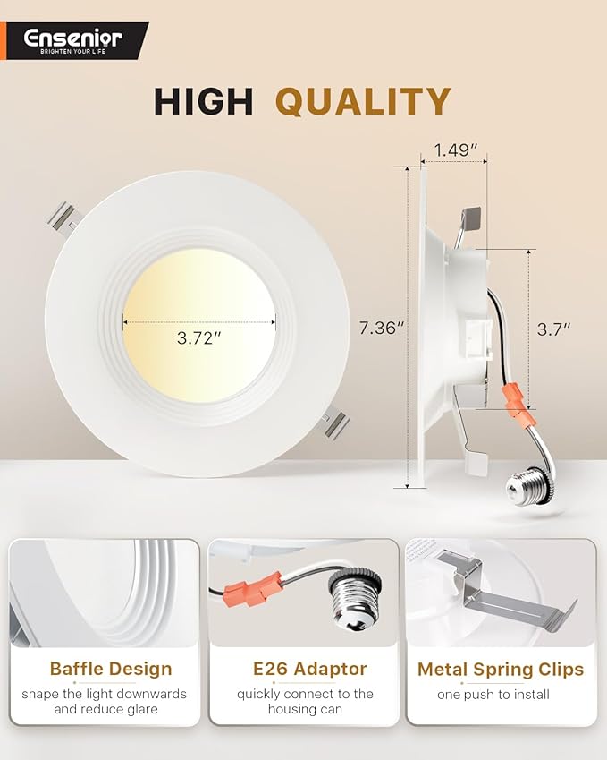 Ensenior 5/6 Inch 5CCT LED Can Lights 12 Pack, Retrofit Led Recessed Lighting, Baffle Trim, Dimmable, 9W=110W, 1000LM, 2700K/3000K/3500K/4000K/5000K Selectable, IC Rated - ETL & FCC