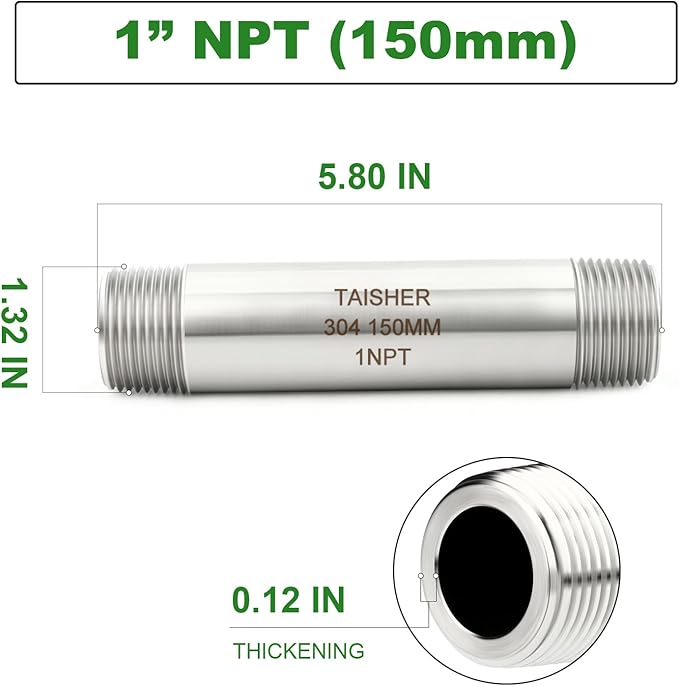 TAISHER 2PCS Stainless Steel Pipe Fittings, 1" NPT Male x 1" NPT Male Threaded, 6" Length Thickened Nipple Cast Pipe