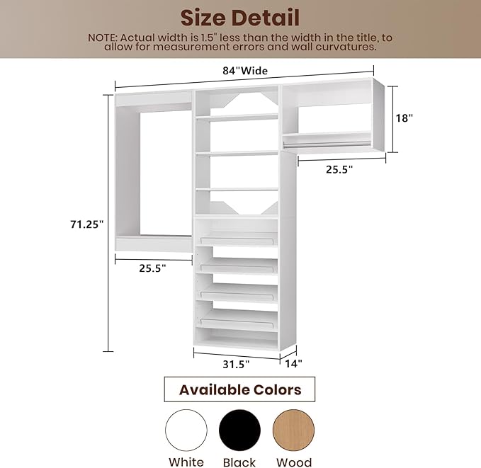 ROOMTEC Modular Closet System, 84" Wall Mounted Modern Closet Organizer with Hanging Rods and Shoe Shelf, Wooden Tower for Walk-In Closets, Wardrobe Storage Kit, White