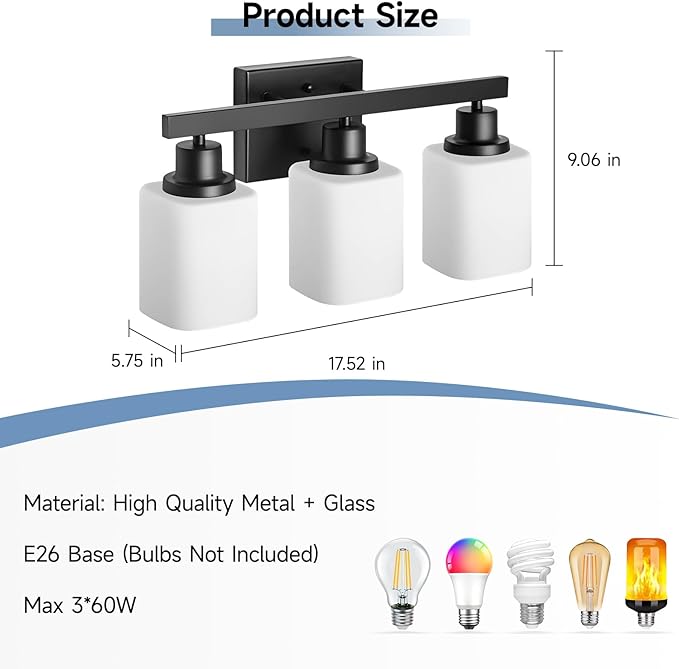 3-Light Bathroom Vanity Light,Modern Matte Black Bathroom Light Fixtures with Square Frosted Glass,Wall Sconces Lighting fixtures Over Mirror Restroom, Living Room Hallway