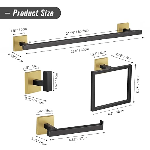 YACVCL Towel Bar Set, 5-Piece Black and Gold Bathroom Hardware Set, Black&Gold Bathroom Accessories Set, SUS304 Stainless Steel 23.6 Inch Towel Holder Towel Racks Set Wall Mounted