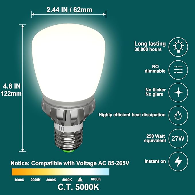 LED Light Bulb, A19 250W Equivalent, 3670 Lumens, 5000K Cool Daylight White 27W LED Corn Light Bulb E26/E27 Light Bulbs Non-Dimmable (Pack of 2)
