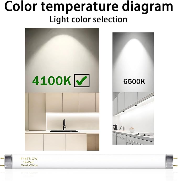 15 Inches T8 Fluorescent Light Bulb 4100K 14 Watt, F14T8/CW 14W Fluorescent Tube,14 Watts, G13 Medium Base, 650 Lumen, 6 Pack