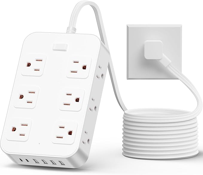 Flat Plug Power Strip Surge Protector with 12 AC Outlets 6 USB Ports 3 Side Multi Plug Outlet Extender 15 Ft Extension Cord for Home Office Kitchen Dorm Wall Desk Charging Station ETL Listed