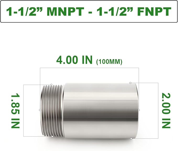 TAISHER 1PCS Stainless Steel Pipe Fittings, 1-1/2" NPT Male x 1-1/2" NPT Female Threaded, 4" Length Nipple Cast Pipe