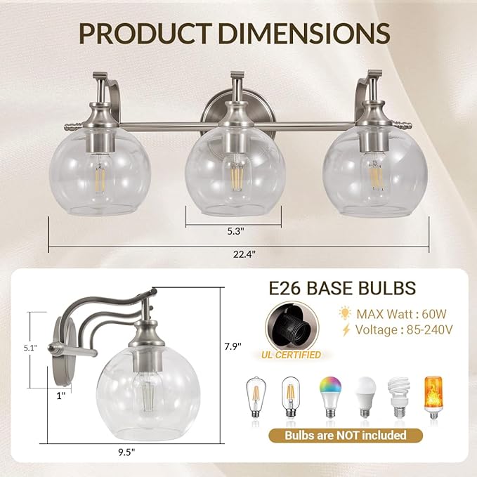 ANDY STAR 3 Light Bathroom Vanity Lights, Modern Wall Sconces Lighting, Silver Bathroom Lights with Clear Glass Shades, Bath Wall Lights Wall Lamp for Mirror, Living Room, Kitchen, Hallway