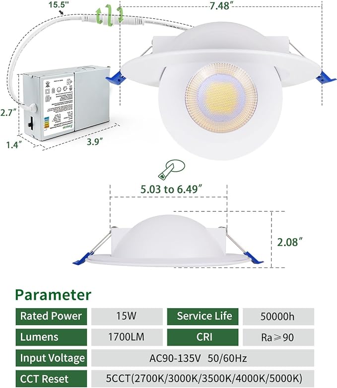 zouzai 6 inch 5CCT Gimbal Led Recessed Lights, 360°+90° Adjustable Directional Recessed Lighting, 2700K/3000K/3500K/4000K/5000K Dimmable Retrofit Eyeball Can Lights with Jbox, ETL(White, 1 Pack)