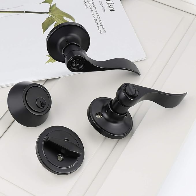 Gobrico 10 Sets Black Entry Levers and Single Cylinder Deadbolt Locksets with Same Key,Keyed Alike Entrance Locks,Drop/Wave Lever Style