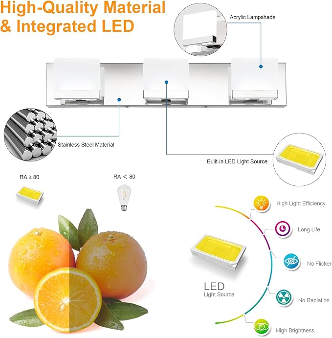 SineRise LED Modern Bathroom Vanity Light Fixtures (3-Light, 24-Inch, 6000K), Chrome Modern Acrylic Bathroom Wall Lighting Fixtures Over Mirror