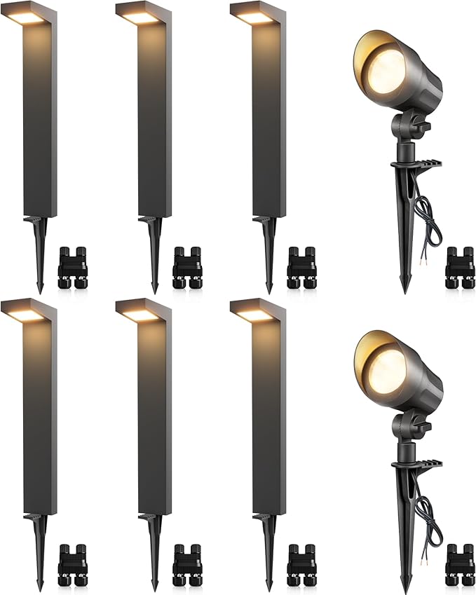 SUNVIE LED Low Voltage Landscape Lighting Kit 12V-24V Aluminum Low Voltage Landscape Lights Wired, 3000K Outdoor Pathway Lights Spotlights with Connectors Waterproof for Patio Yard Garden, 8 Pack