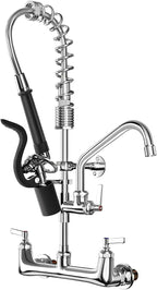 Commercial Sink Faucet with Sprayer Wall Mount, 21" Height 8 inch Center with Solid Brass & Polished Chrome, Add-on 8" Swing Spout for 1 or 2 Compartment Kitchen Sink