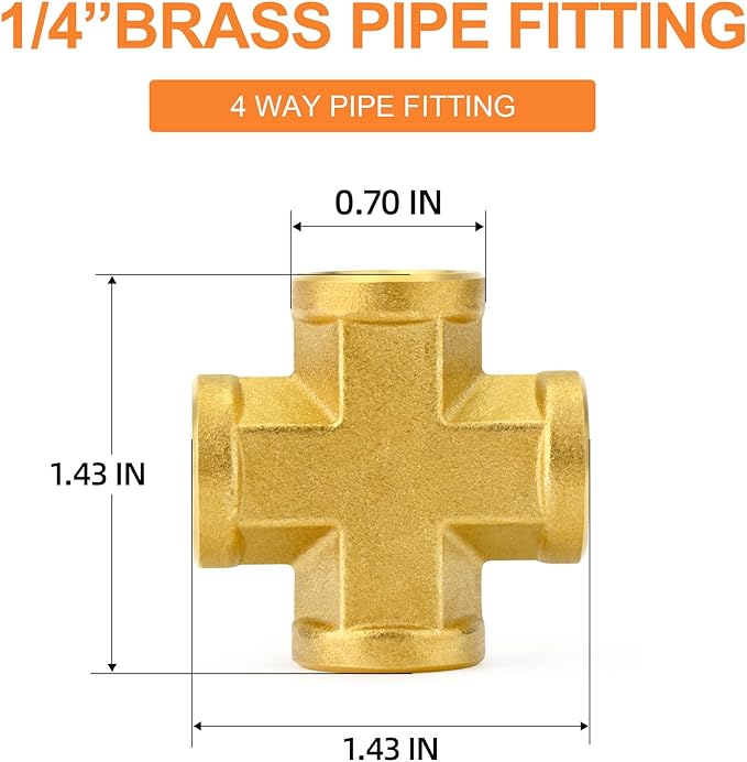 GASHER 5PCS Brass Pipe Fitting, Cross 4 Way Pipe Fitting, 1/4" x 1/4" x 1/4" x 1/4" NPT Female Pipe