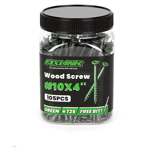 Wood Screws 4 Inch, FIXLINK Deck Screws #10 x 4, 105 PCS, Epoxy Coated, T25 Star Bit Above 1500 Hour Salt Spray Coating Outdoor Decking Screws Excellent Rust Resistant for Wood Fence, Green