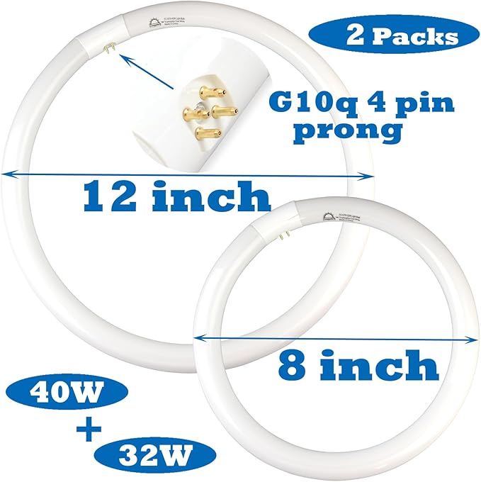 FC16T9/CW 40W & FC12T9/CW 32W Cool White Set, 16 inch T9 40 Watts & 12 inch 32 Watts Round Fluorescent Light Bulb, Circular Bulb Kitchen and Bath, 841 4100K, G10q 4 pin Prong