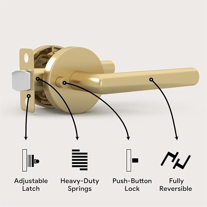 Mega Handles Ronn Privacy Door Handle - 3 Pack Interior Reversible Gold Door Handle, Heavy Duty Bed & Bath Door Handles with Privacy Door Lock, Fits All Standard Doors - Satin Brass