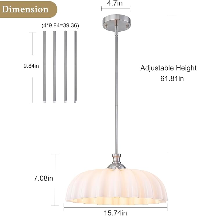 15.7" Vintage Flower Brushed Nickel Chandelier - Adjustable Height White Milk Glass Shades Pendant Light Fixture for Kitchen Island, Dining Room, Bedroom