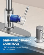 WEWE Kitchen Faucet with Soap Dispenser and Pull Down Sprayer, RV Single Handle Classic 3 Modes Stainless Steel Faucet for Kitchen Sink, RV, Brushed Nickel