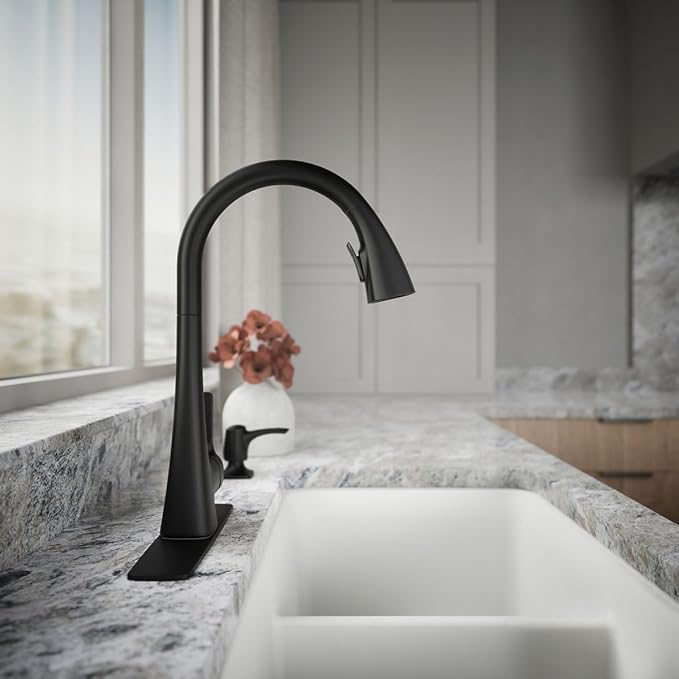 KOHLER R22867-SD-BL Maxton Pull-Down Kitchen Faucet with Soap Dispenser, Pull Down Sprayer, Matte Black