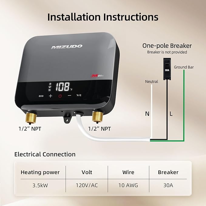Tankless Water Heater Electric, MIZUDO 3.5kW 120 Volt