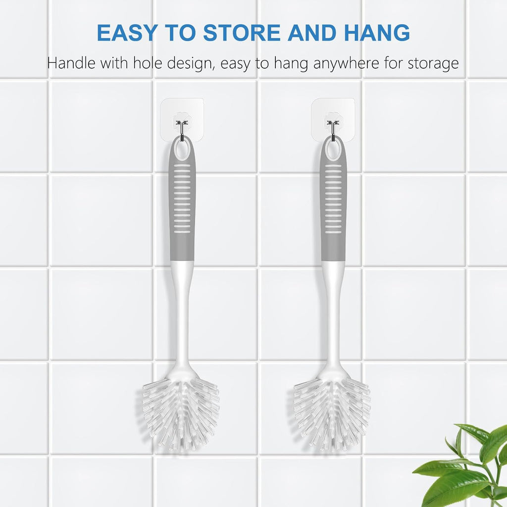 SetSail Dish Brush with Handle, 2 Pack Stiff Bristles Dish Scrubber with Built-in Scraper Dish Scrub Brushes for Cleaning Dishes, Pots and Pans, Kitchen Sink, Grey