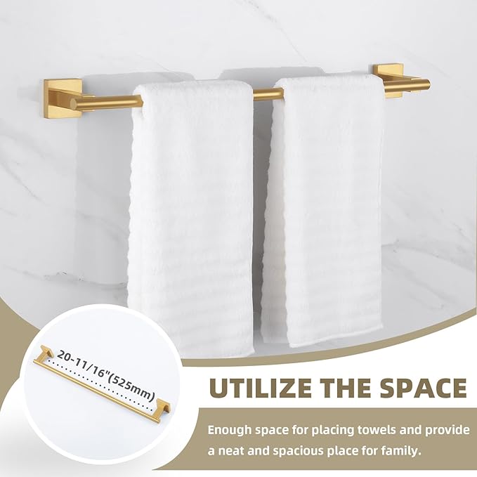 Suyar Brushed Gold Bathroom Accessories, SUS 304 Stainless Steel Bathroom Hardware Set 4 Pieces, Include Robe Hook, Toilet Paper Holder, Hand Towel Holder, Towel Bar, Wall Mount
