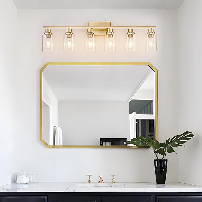 6 Light Gold Bathroom Light Fixtures Brushed Brass Vanity Light Over Mirror Modern Wall Lighting Sconces Wall Lamp for Bathroom, Bedroom, Living Room E26 Socket with Glass Shade