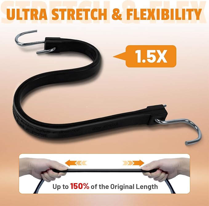 21" Rubber Bungee Cords with Hooks, 100% EPDM Bungee Cord with 150% Max Stretch, Heavy Duty Bungee Straps for Securing Tarps, Canvases, Cargo, Motorcycle, Weatherproof, Pack of 20