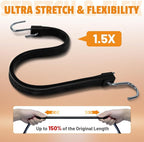 15" Rubber Bungee Cords with Hooks, 100% EPDM Bungee Cord with 150% Max Stretch, Heavy Duty Bungee Straps for Securing Tarps, Canvases, Cargo, Motorcycle, Weatherproof, Pack of 20