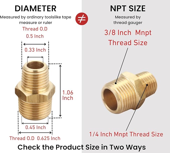 3/8 Inch NPT Male x 1/4 Inch NPT Male Solid Brass Reducing Hex Nipples, Brass Pipe Adapter Fittings Reducing Nipples Connector, 0.625" OD × 0.5" OD, (2 Piece)