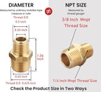 3/8 Inch NPT Male x 1/4 Inch NPT Male Solid Brass Reducing Hex Nipples, Brass Pipe Adapter Fittings Reducing Nipples Connector, 0.625" OD × 0.5" OD, (2 Piece)