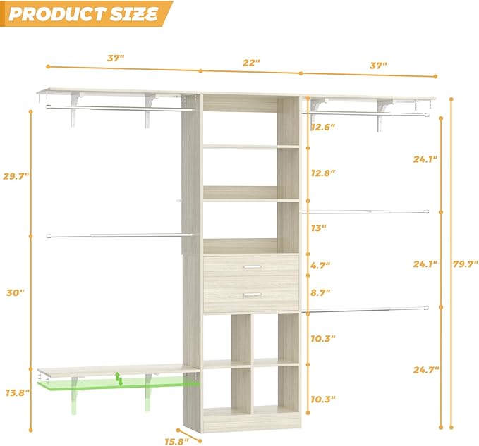 Closet System - 8FT Closet Organizer System with Wooden Drawers, 96" Closet Systems for Nursery & Walk-In Closets with Cuttable Hanging Shelving, Greige Oak