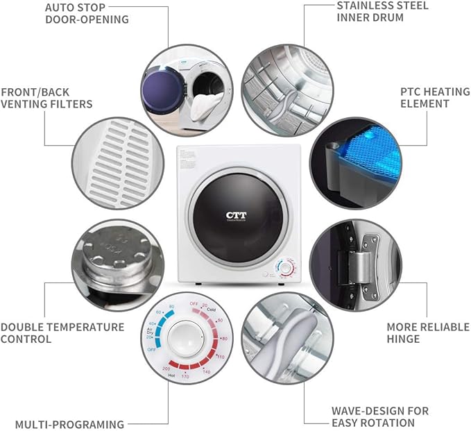 CTT 3.5 Cu. Ft. Clothes Dryer, 1500W Electric Dryers for Clothes, 110V Electric Clothes Dryer with Stainless Steel Drumble for 13.2 lbs. with 4 Automatic Drying Modes (White)