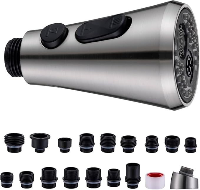 Universal Kitchen Faucet Replacement Pull Down Sprayer with 3-Spray Modes & 16 Adapters - Compatible with Moen, Kohler, and Delta and Sink Faucets (Brushed Nickel)
