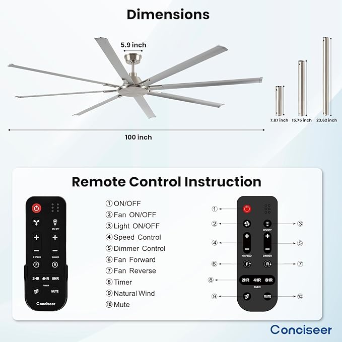 100 Inch Ceiling Fans with Remote No Light for Living Room Bedroom Kitchen Home Office Library Cafe Outdoor/Industrial Use, 8 Aluminum Blades 6 Speed Reversible Quiet DC Motor, Sand-nickel