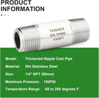TAISHER 2PCS Stainless Steel Pipe Fittings, 1/4" NPT Male x 1/4" NPT Male Threaded, 2" Length Thickened Nipple Cast Pipe