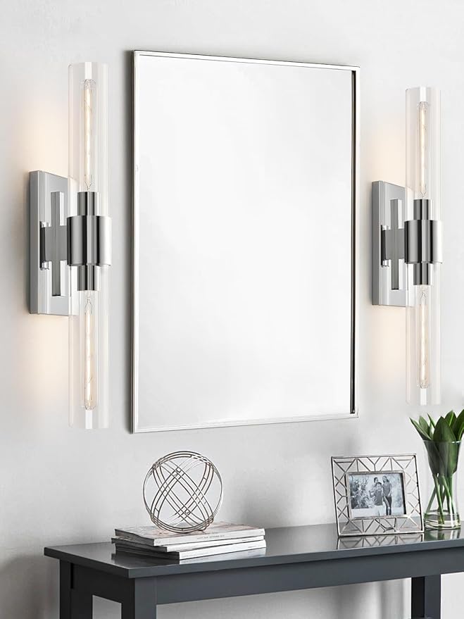 Chrome Tube Wall Sconces with Clear Glass, 24'' Modern Bathroom Vanity Light Fixtures for Bathroom Living Room Bedroom Hallway Fireplace Staircase(Bulb Included).