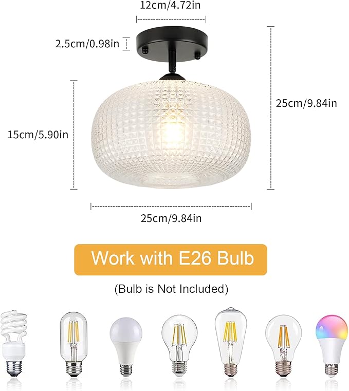 WILON Glass Flush Mount Ceiling Light Globe Black Ceiling Light Fixture Modern Farmhouse Lighting Vintage Semi Flush Ceiling Lamp for Kitchen Hallway Bedroom Entryway Laundry Living Dining Room