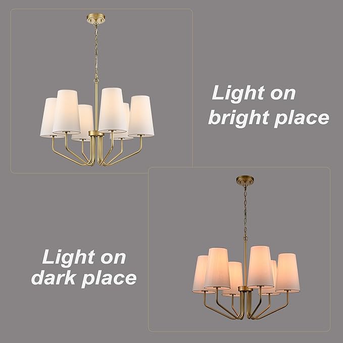 Modern 6-Light Brass Gold Chandelier with White Fabric Shade Chandelier Adjustable for Dining Room Hallway Living Room Kitchen Island