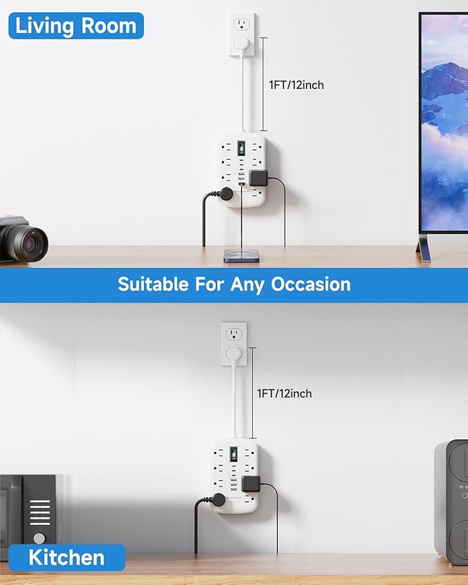 Short Extension Cord 1 ft, Small Power Strip Flat Outlet Extender Surge Protector with 8 AC Outlets 6 USB (5V/4.8A 24W), Mini Extension Cord Flat Wall Plug for Home Office Dorm Kitchen Bathroom