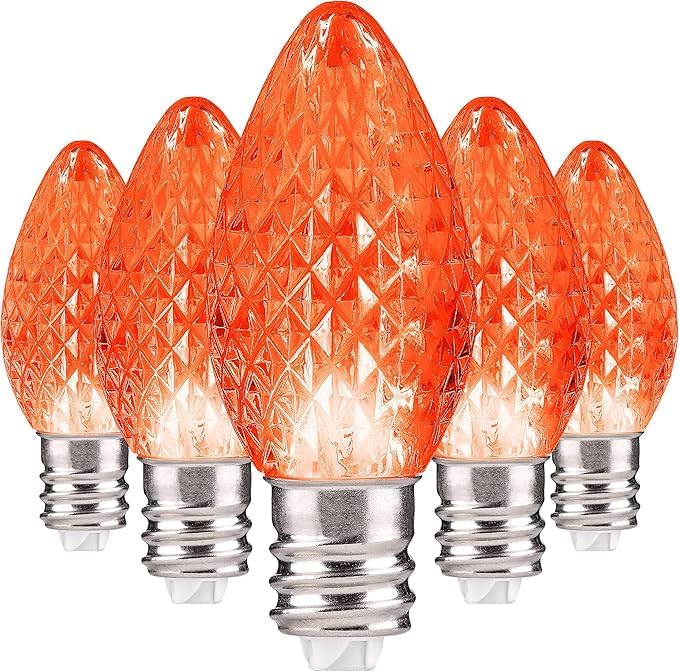 Holiday Lighting Outlet Faceted C7 Christmas Lights | Orange LED Light Bulbs Holiday Decoration | Warm Christmas Decor for Indoor & Outdoor Use | 2 SMD LEDs in Each Light Bulb | Set of 25