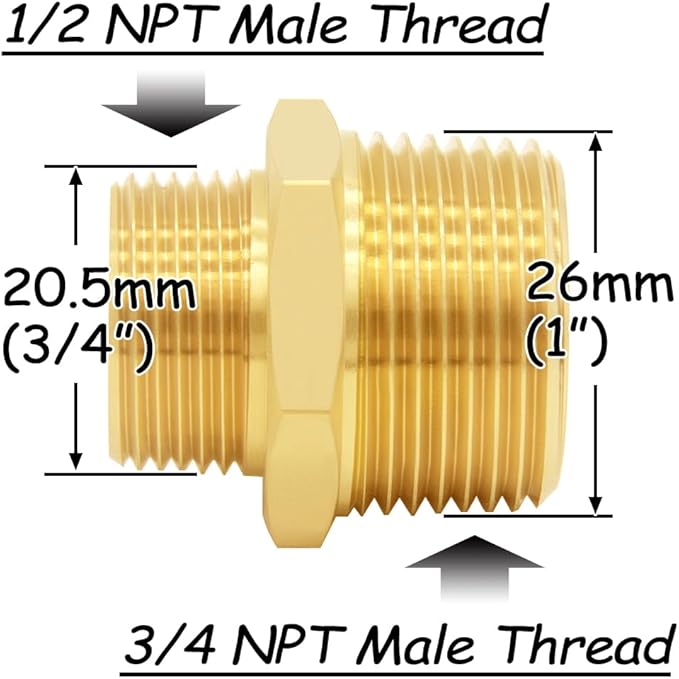 3PCS Brass Reducer Adapter, 1/2" NPT Male to 3/4" NPT Male Thread, Hex Reducing Pipe Fitting Coupler Nipple Connector for Water/Oil/Gas