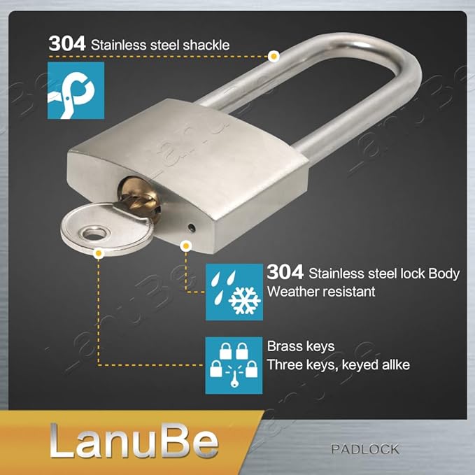 LanuBe 304 Stainless Steel Keyed Alike Padlocks for Outdoor use, Pin Tumbler Padlock, 2 inch Wide Body, Stainless Steel Body Long Shackle, Pack of 2