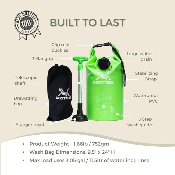 One Hand Wash Bag and Plunger Set - Off Grid Washing Machine Non Electric for Camping Travel | Eco Friendly Portable Manual Clothes