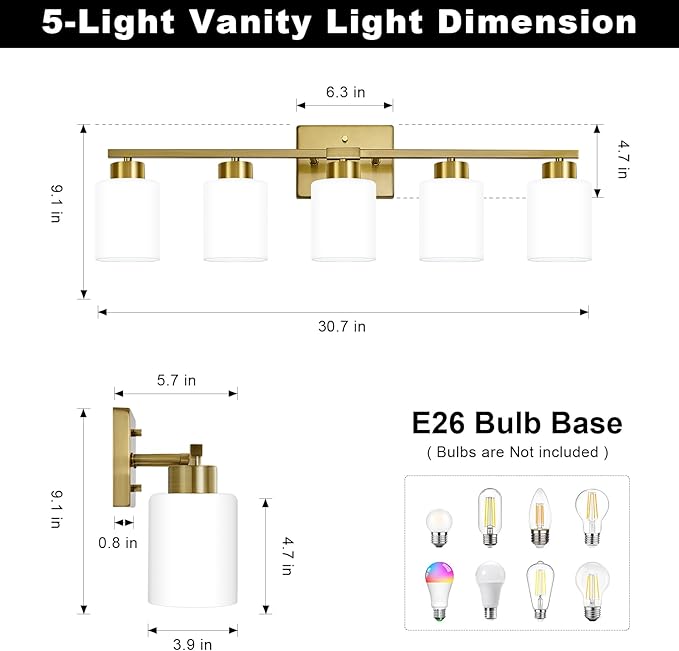 Brushed Gold Bathroom Light Fixtures, 5-Light Modern Vanity Light Over Mirror, Wall Sconces with Milky White Frosted Glass Shades, E26 Socket (Bulbs Not Included)
